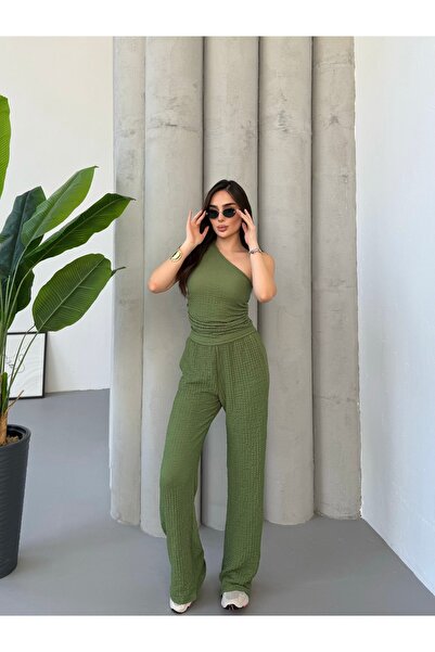 TOKARİS TEKSTİL Women's Black Seersucker Fabric One Shoulder Crop Blouse and Wide Leg Pants Double Suit