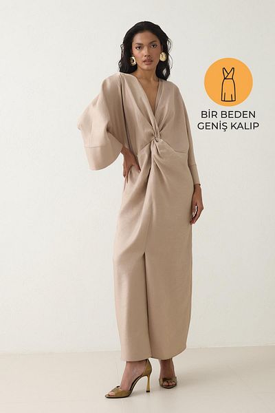 Setre Beige V-Neck Front Detailed Relaxed Cut Wide Fit Long Sleeve Dress