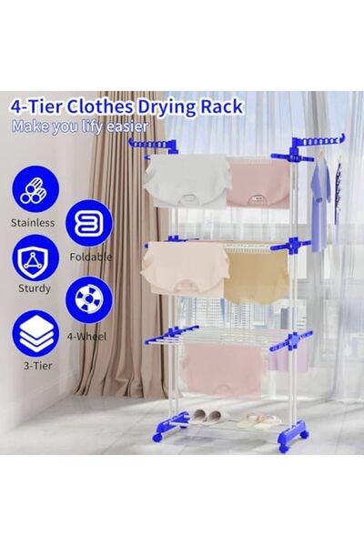 Generic Clothes Drying Rack with 4 Castors,Folding Movable Clothes Rail Storage Rack, 4 Tier Clothes Horses