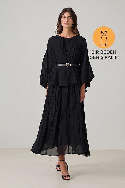 Setre Black Wide Cut Waist Belt Detailed Long Sleeve Flowy Loose Midi Length Dress