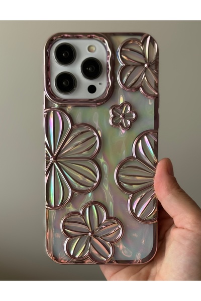 FİŞNEİLETİŞİM حافظة متوافقة مع هاتف آيفون 15 برو بنمط زهرة الهولوغرام