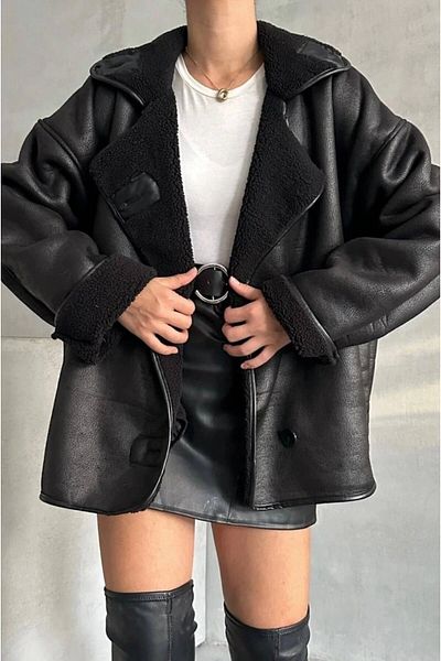 MEECY Suede Textured Oversize Fur Coat