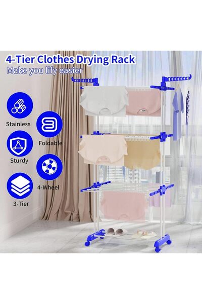 Generic Clothes Drying Rack with 4 Castors,Folding Movable Clothes Rail Storage Rack, 4 Tier Clothes Horses