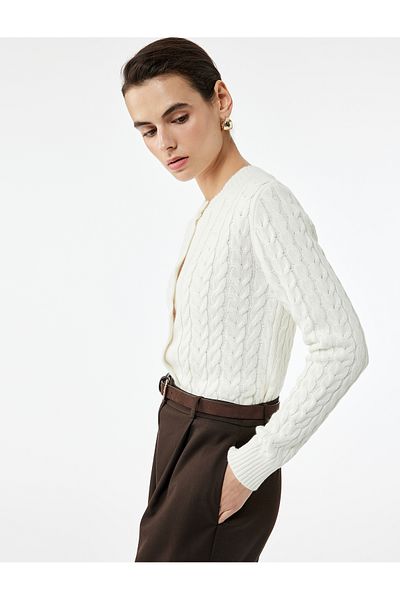 Koton Long Sleeve Crew Neck Button Hair Knit Cardigan