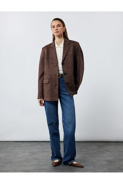 Koton Double Breasted Buttoned Long Sleeve Pocket Faux Suede Jacket