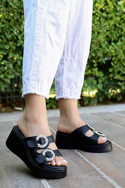 kajal ayakkabı Dl 40 Stone Buckle Detailed Wedge Sole Slippers