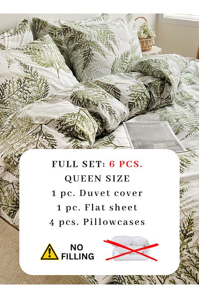 LUNA HOME Queen size 6-piece modern duvet cover set with green leaf pattern