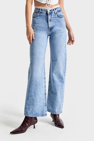 its basic Women's Blue Color D-4S5-27 Straight Fit Belt Lace Detailed High Waist Design Denim Jean
