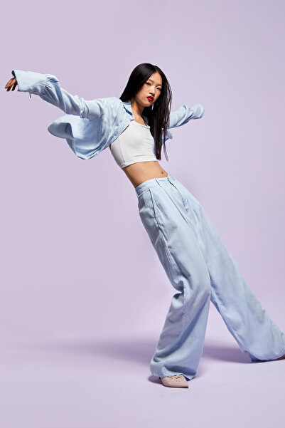 its basic Жіночі блакитні штани 6s5-103 Супер Палаццо Фит Органічна лляна тканина