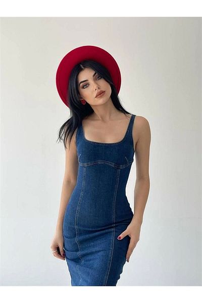 MEECY Slim Fit Τζιν Τζιν Φόρεμα με σκούρο μπλε με μακρύ σκίσιμο Premium τζιν