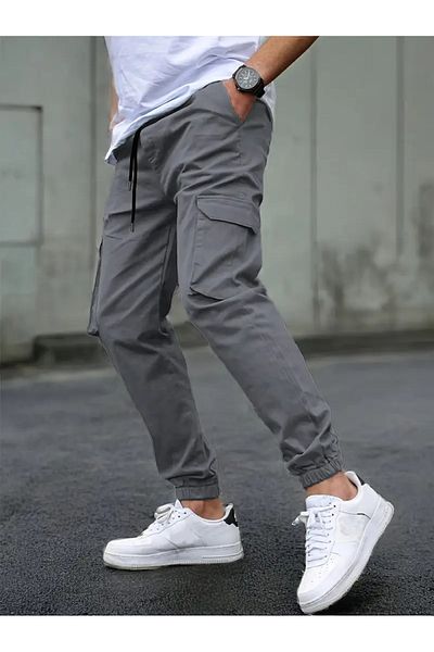 VIKUNYA Ανδρικό Jogger Smoked Cotton Lycra Cargo Παντελόνι με ελαστική μέση και πόδι με τσέπες Cargo