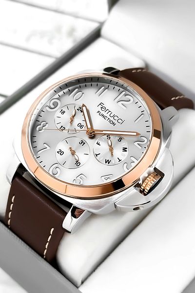 Ferrucci Men's Wristwatch - Bitter Brown Color, Leather Cord, Function Bracelet Brown-Silver Zmfer158