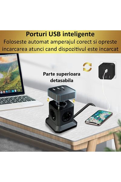 INNOVIO Prelungitor tip cub detasabil INNOVIO, Putere mare 4000W/16A, 5 prize AC, 5 porturi USB