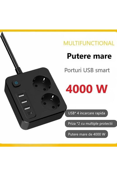 INNOVIO Prelungitor de putere mare INNOVIO, 16A/4000W, 2 prize, 3 porturi USB-A, 1 port USB-C PD 30W
