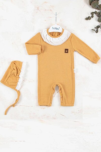 CNDR 3-12 Months Baby Girl Jumpsuit Brode Embroidered Hat Mustard