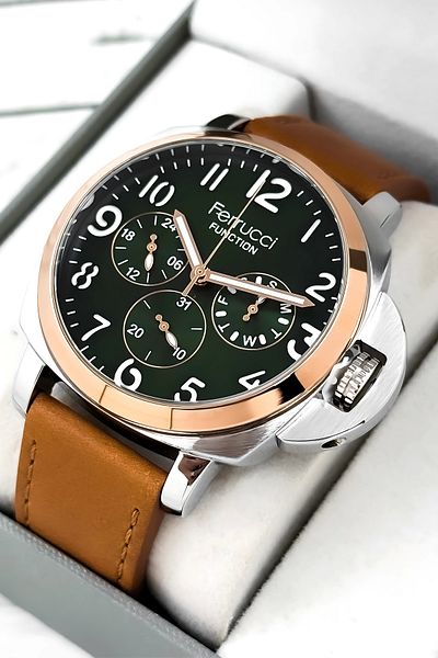 Ferrucci Men's Function Wristwatch - Tan Color, Leather Cord, Bracelet Zmfer158
