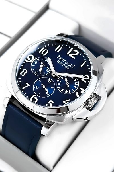 Ferrucci Men's Wristwatch Bracelet - Navy Blue Color, Leather Cord, Zmfer158