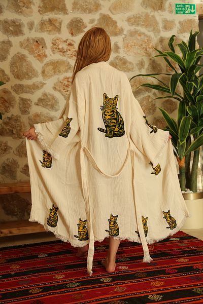 Befera Design Muslin Kimono 100% Cotton Cat Printed Patterned Bathrobe Kaftan Dressing Gown