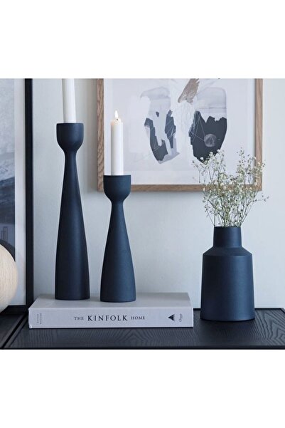 mebaconcept Siyah Doğal Ahşap Şamdan Seti (2'Lİ) – 20 Cm & 17.5 Cm – Rustik D...