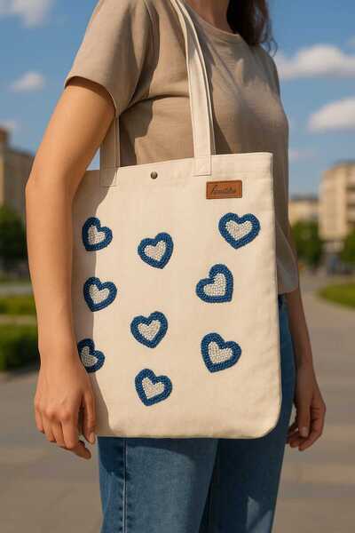 ÇANTA punch ve inci nakışlı kanvas çanta