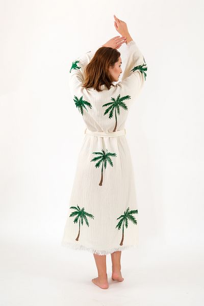 Befera Design Muslin Kimono 100% Cotton Palm Printed Patterned Bathrobe Kaftan Dressing Gown
