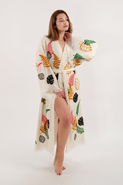 Befera Design Müslin Kimono %100 Pamuklu Yaprak Baskılı Desenli Bornoz Kaftan...