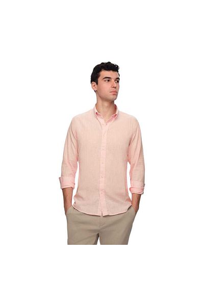 HON'S Ανδρικό πουκάμισο Slim Fit Λινό με μακρυμάνικο γιακά με κουμπί