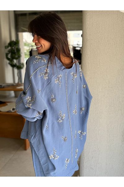 Lavanta Tekstil Kimono Pants Set with Embroidery and Stone Processing Detail