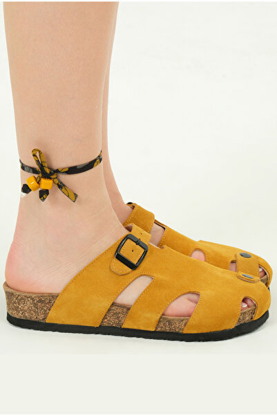 Lemoors Marta Natural Cork Sole Genuine Suede Leather Mustard Yellow Sabo Slippers