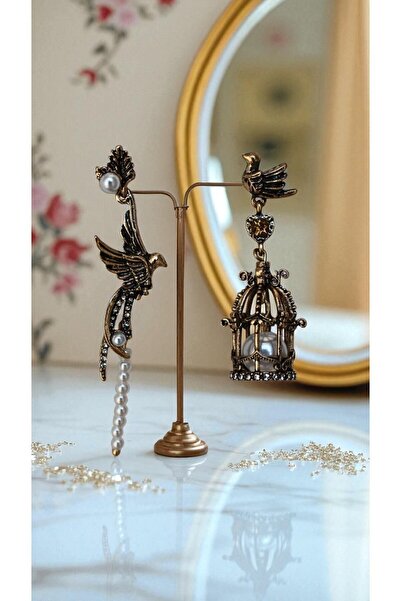 MIRADA JEWELRY Vintage İnci Detaylı Kuş Kafesi Tasarım Küpe