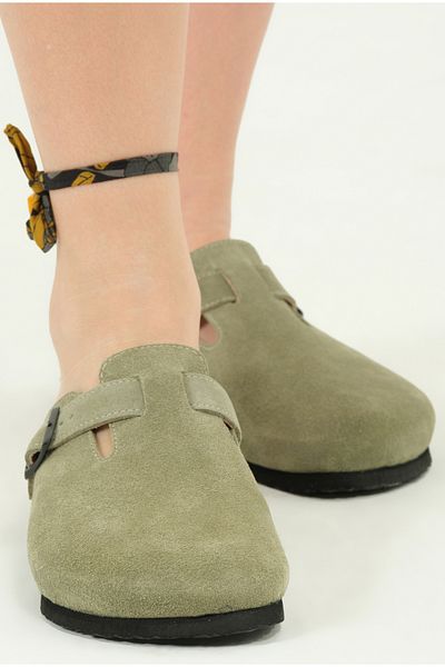 Lemoors Susana Natural Cork Genuine Suede Leather Green Color Women's Sabo Slippers