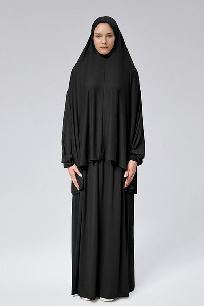 Mesa Charm Women's Hijab Two Piece Organic Cotton Headscarf Plug and Pull Prayer Dress Black