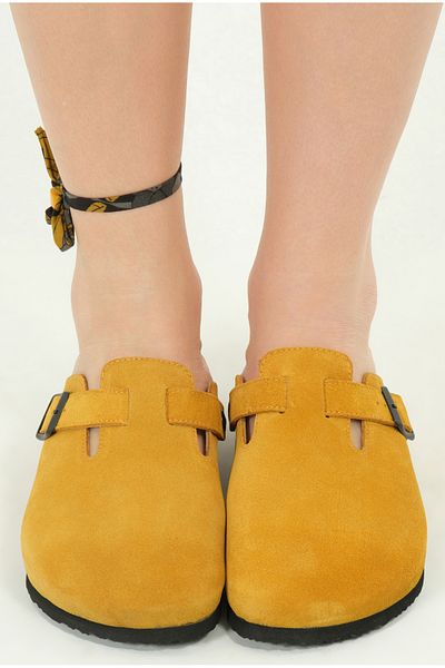 Lemoors Susana Natural Cork Sole Genuine Suede Leather Mustard Yellow Sabo Slippers