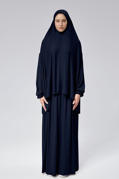 Mesa Charm Women's Hijab Two Piece Organic Cotton Headscarf Plug and Pull Prayer Dress Navy Blue