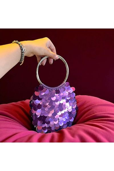 Nuggita Women's Handmade Gold Pul Sequence Knitted Stylish Hand Bag