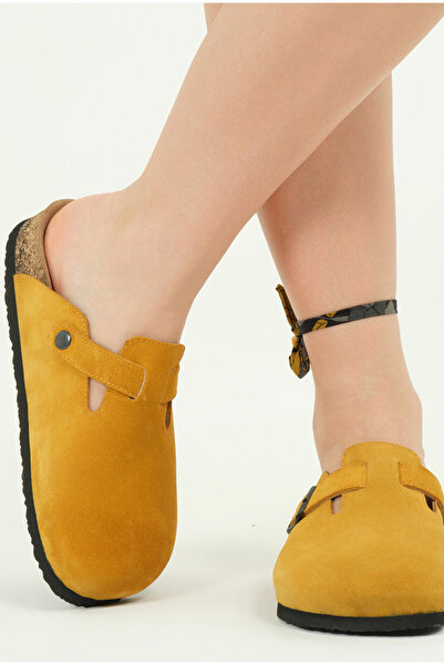 Lemoors Susana Natural Cork Sole Genuine Suede Leather Mustard Yellow Sabo Slippers