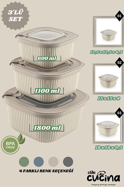 Stile Cucina 3-Piece Vacuum Sealed Storage Set - 600, 1100, 1800 ml Microwave and Freezer Use