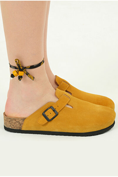 Lemoors Susana Natural Cork Sole Genuine Suede Leather Mustard Yellow Sabo Slippers