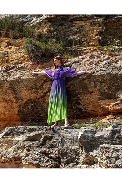 S&A Collectionn Макси рокля от тюл с плисирана яка „Мадона“ с цветен градиент - с отворени рамене