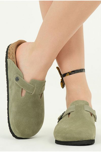 Lemoors Susana Natural Cork Genuine Suede Leather Green Color Women's Sabo Slippers