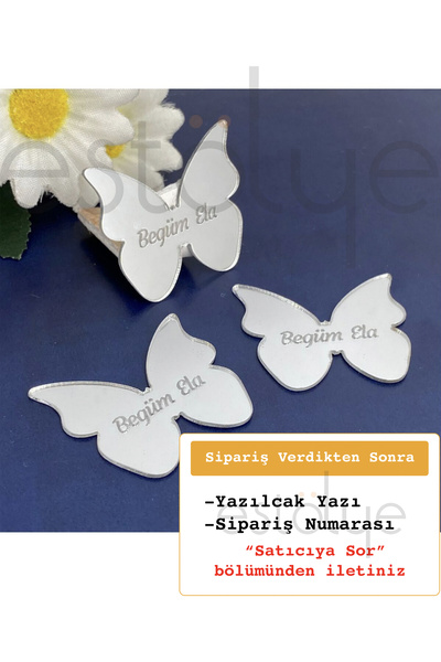 estölye Kelebek Model - Gümüş Renk Pleksi Yapışkanlı Bebek Hediyelik - 30 Adet