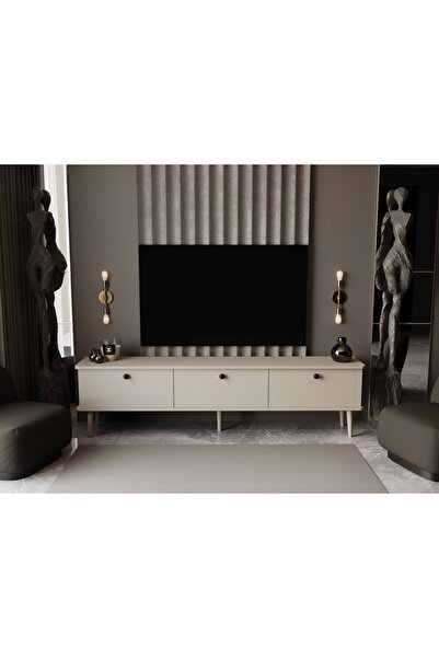 melura home LUNARIS TV ÜNİTESİ 200 CM 3 KAPAKLI OVAL KENAR %100 MDF LAKE AHŞAP AYAKLI