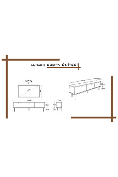 melura home LUNARIS TV ÜNİTESİ 200 CM 3 KAPAKLI OVAL KENAR %100 MDF LAKE AHŞAP AYAKLI