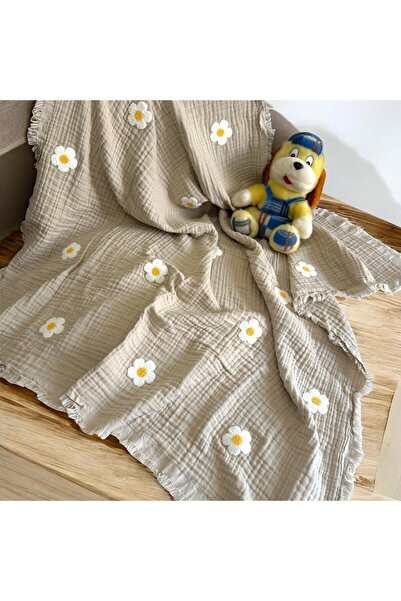 Abelia Baby Organik Pamuklu Nakışlı 4 Katlı Müslin Bebek Battaniyesi Ve Örtüsü Papatya