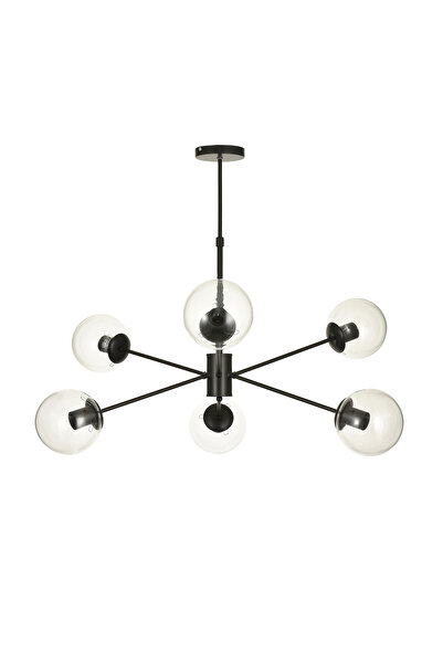 Avizemoda Pinza 6 lı Şeffaf Camlı Salon Oturma Odası Modern Kollu Avize - (Siyah)