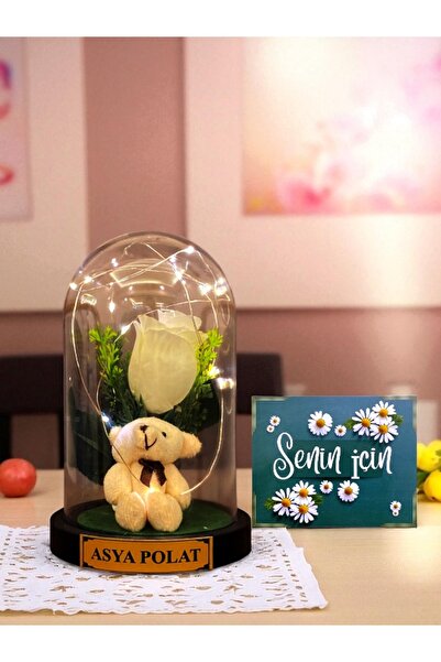 MEGA KANYON Kişiye Özel Isimli Tasarım Peluş Ayıcıklı & Beyaz Güllü Fanus Ara...