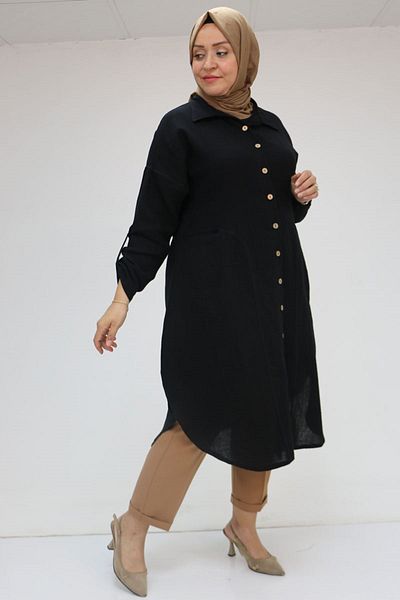 Eslina 58071-1 Plus Size Muslin Shirt with Front Pockets - Black