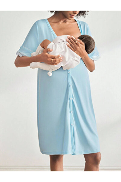 Miss Dünya Lissa Maternity and Maternity V-Neck Front Buttoned Lace Detailed Nightgown