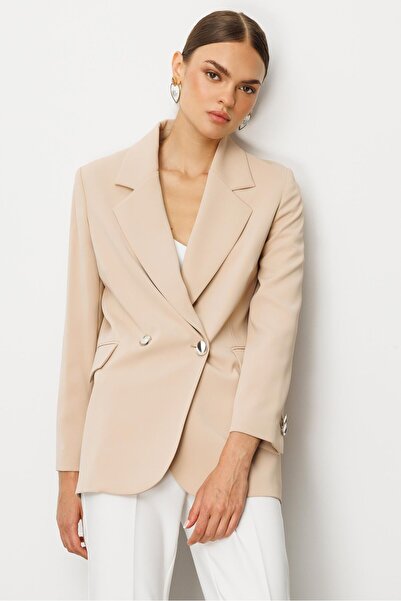 Moda İlgi Modailgi  Sırtı Düğme Detaylı Kruvaze Ceket Taş