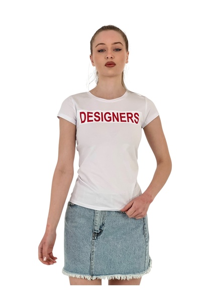 Miss Poem Γυναικείο καλοκαιρινό μπλουζάκι με στάμπα με κοντό μανίκι στενό λευ...